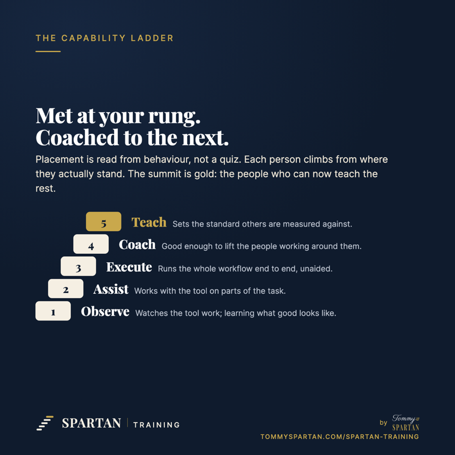 The five-rung capability ladder: Observe, Assist, Execute, Coach, Teach, with the gold summit.